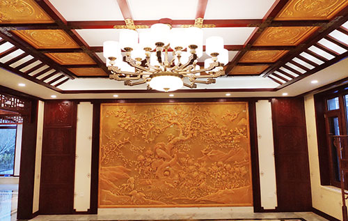 上思中式别墅客厅中式木作横梁吊顶装饰展示